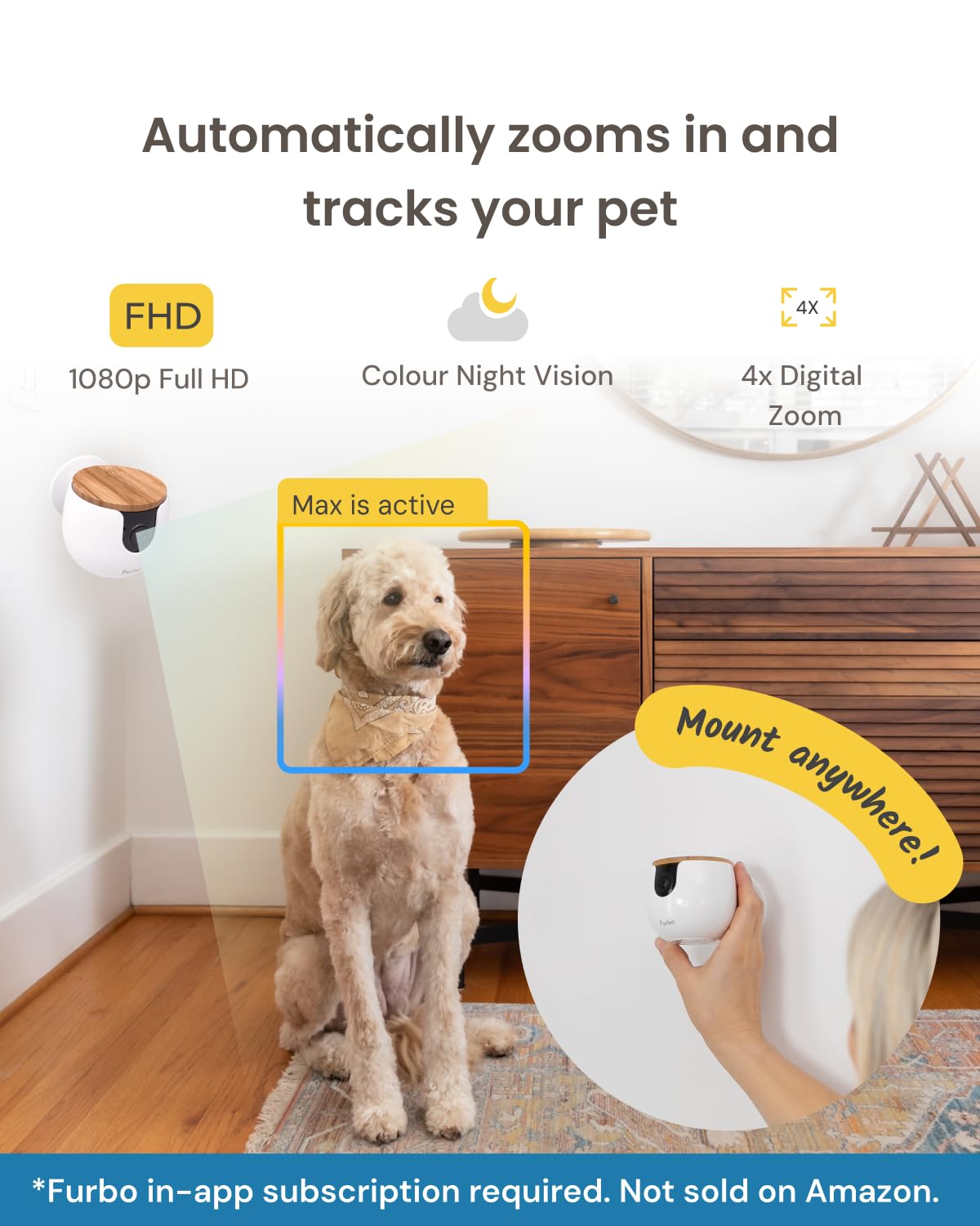 Furbo 360° Pet Camera w/Home Safety Package [PREMIUM W/SUBSCRPITION] Smart Pet Monitor w/App for Pet & Home, Rotating 360° View, Colour Night Vision, Auto-Tracking, Treat-toss, Barking, Smart Alert