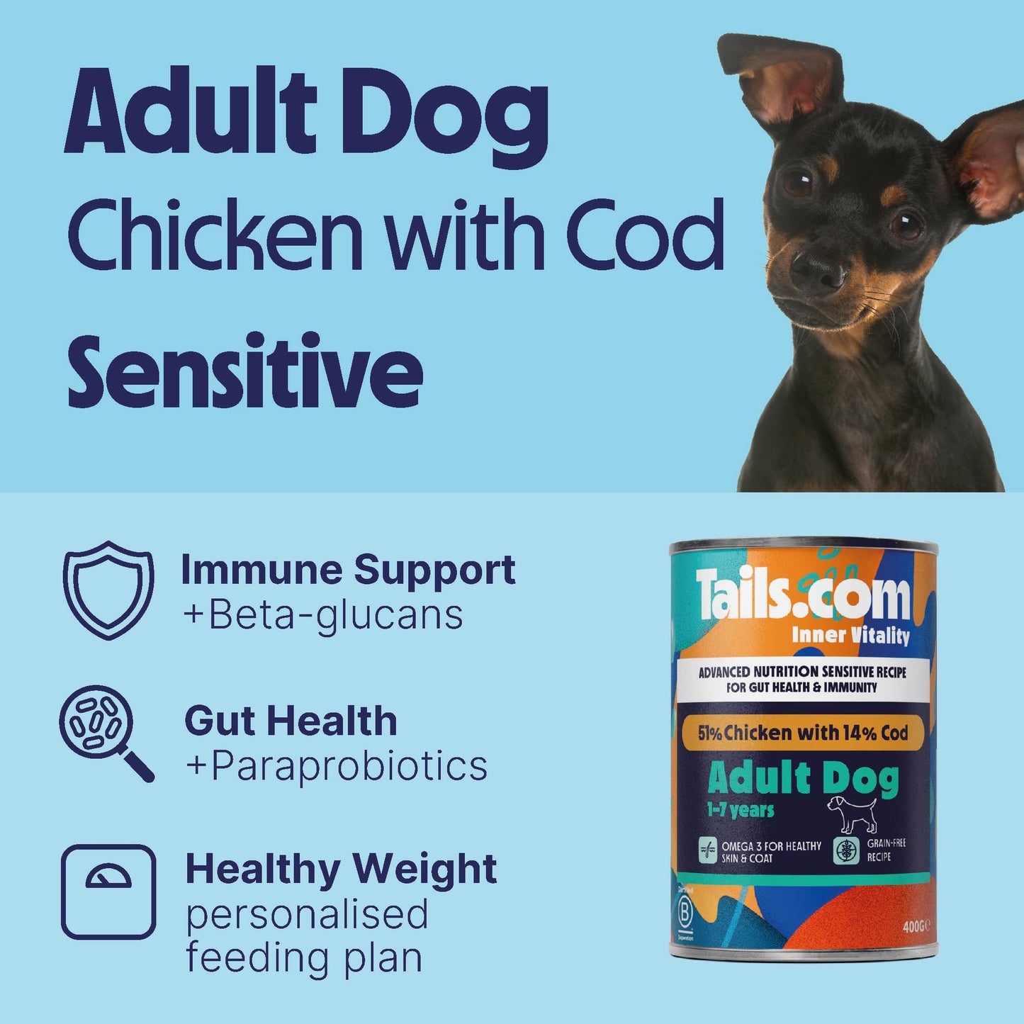 Tails.com Inner Vitality - Wet Dog Food Tin Adult Chicken 6 x 400g - 1-7 yrs - Source of antioxidants from parsley & blueberry extract
