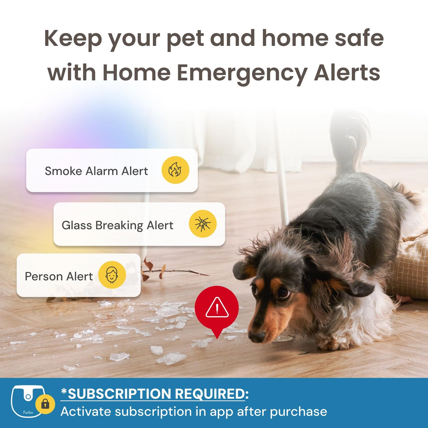 Furbo 360° Dog Camera w/Home Safety Package [PREMIUM W/SUBSCRPITION] Smart Pet Monitor w/App for Dog & Home, Rotating 360° View, Colour Night Vision, Auto-Tracking, Treat-toss, Barking, Smart Alert