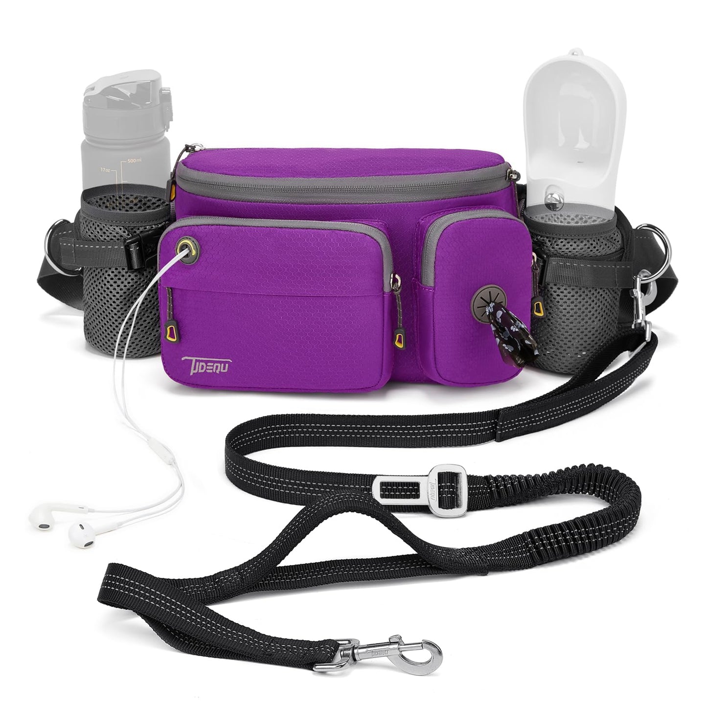 TUDEQU 4-IN-1 Hands Free Dog Leash Waist Belt with Dog Walking Fanny Pack,Seat Belt, Waist Leash for Large Dogs,Hiking