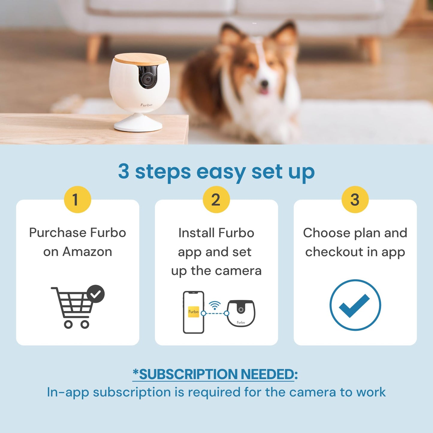 Furbo 360° Dog Camera w/Home Safety Package [PREMIUM W/SUBSCRPITION] Smart Pet Monitor w/App for Dog & Home, Rotating 360° View, Colour Night Vision, Auto-Tracking, Treat-toss, Barking, Smart Alert