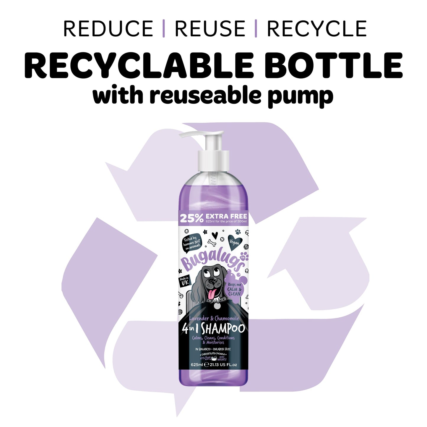 Bugalugs Lavender & Chamomile 4-in-1 Dog Shampoo and Conditioner - Professional Pet Grooming for Smelly Puppies - Vegan Formula (625ml)