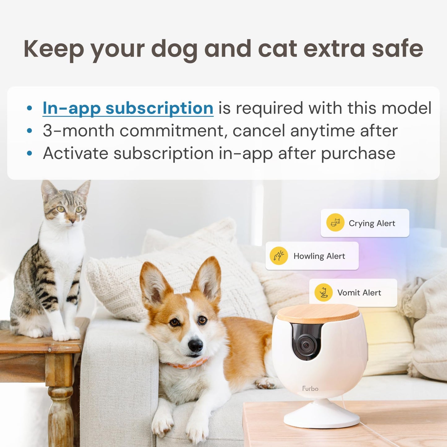 Furbo 360° Dog Camera w/Home Safety Package [PREMIUM W/SUBSCRPITION] Smart Pet Monitor w/App for Dog & Home, Rotating 360° View, Colour Night Vision, Auto-Tracking, Treat-toss, Barking, Smart Alert