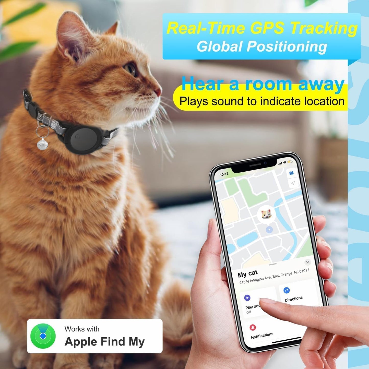 Cat Tracker - Real Time GPS Tracker for Cats - No Monthly Fee - Works with Apple Find My (Only iOS) - Elastic Cat Collar - GPS Tracking Device Cats Collar(1 Pack)