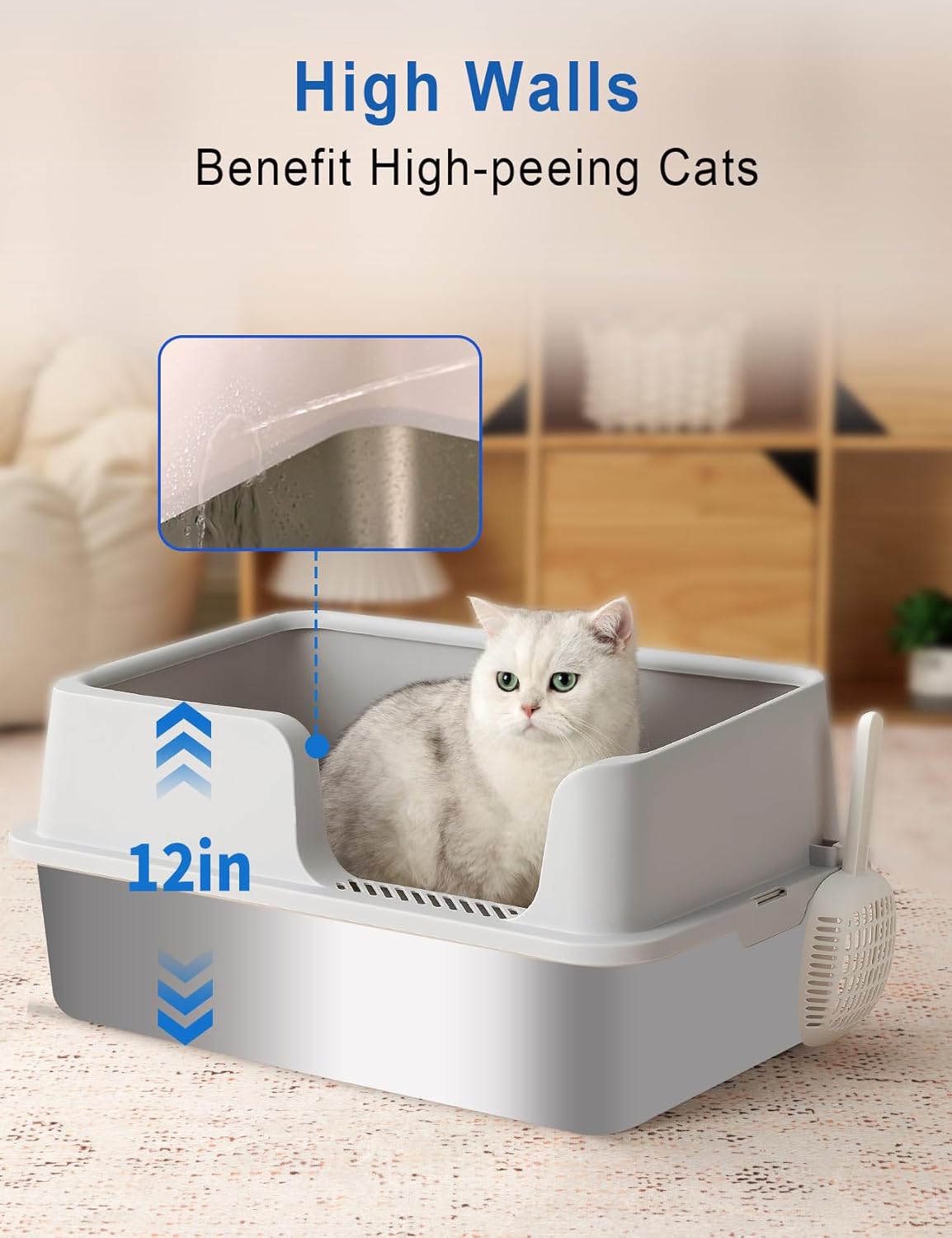 FURRYPAWS XL Stainless Steel Cat Litter Tray, Easy to Clean and Leak-Proof Stainless Steel Litter Box, 20L Large Cat Litter Trays with Litter Scoop (61x41x30cm)