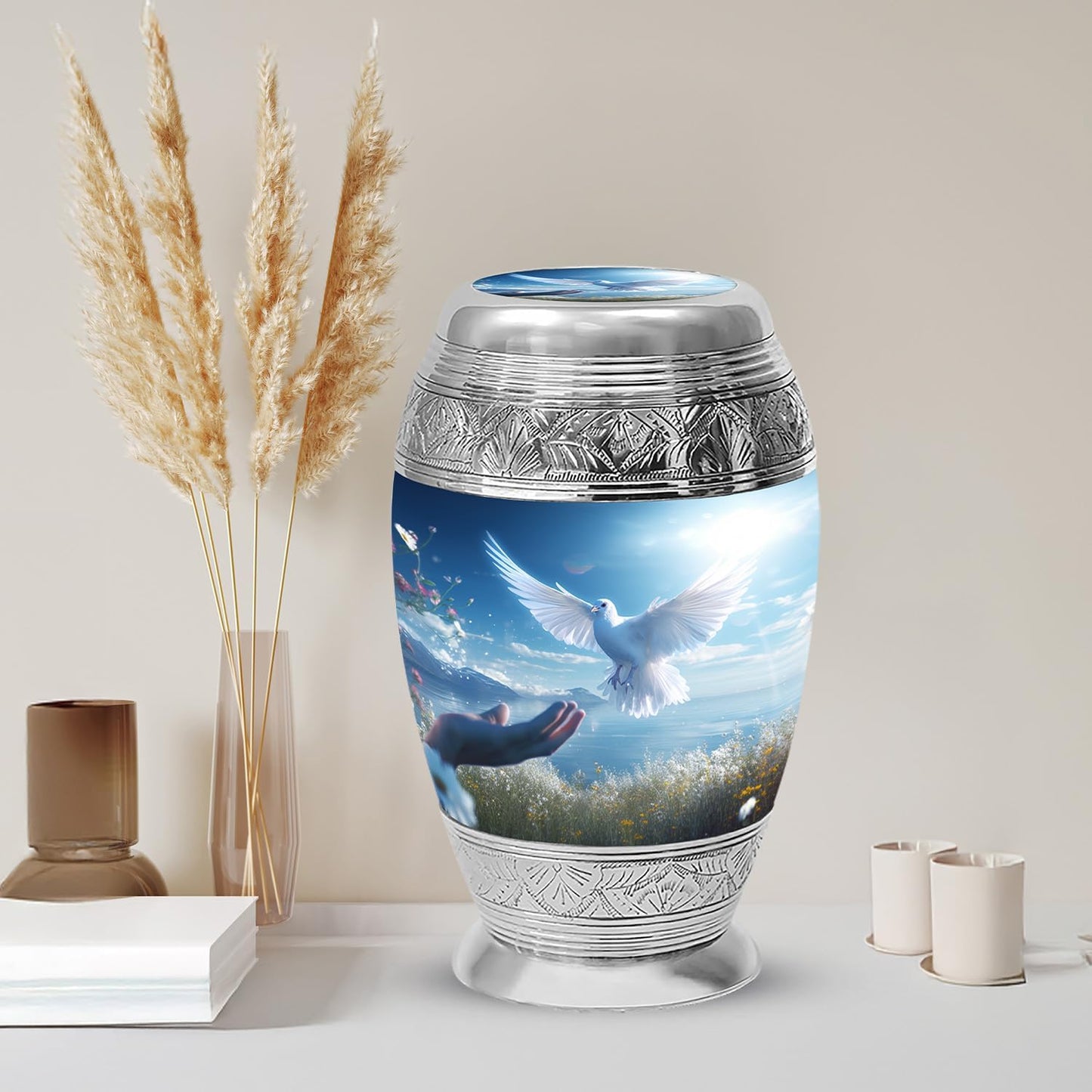 YASUBJAG Dove Urn - Aluminium Cremation Urn for Adults, Multicolor, Birds Pattern, 10 Inch