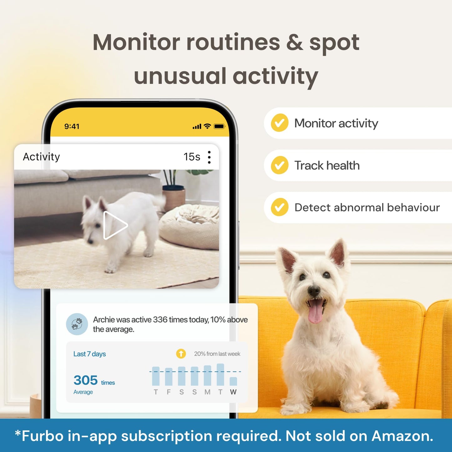 Furbo 360° Dog Camera w/Home Safety Package [PREMIUM W/SUBSCRPITION] Smart Pet Monitor w/App for Dog & Home, Rotating 360° View, Colour Night Vision, Auto-Tracking, Treat-toss, Barking, Smart Alert