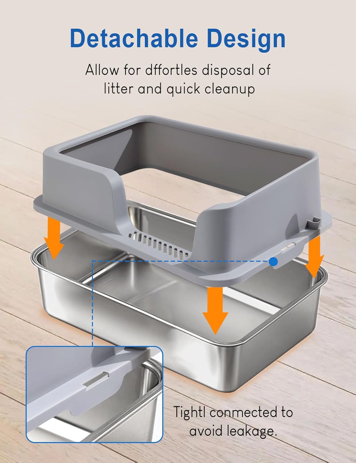 FURRYPAWS XL Stainless Steel Cat Litter Tray, Easy to Clean and Leak-Proof Stainless Steel Litter Box, 20L Large Cat Litter Trays with Litter Scoop (61x41x30cm)
