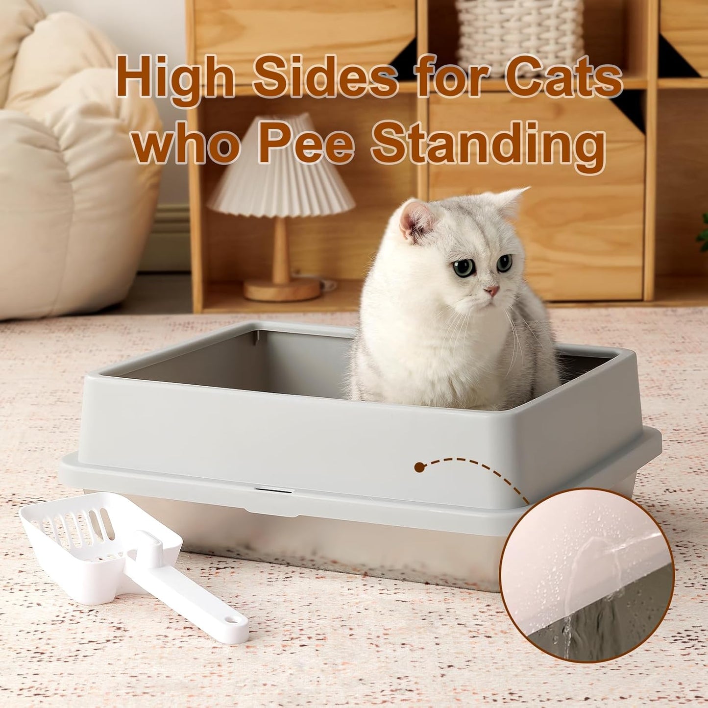 FURRYPAWS XL Stainless Steel Cat Litter Tray, Easy to Clean and Leak-Proof Stainless Steel Litter Box, 20L Large Cat Litter Trays with Litter Scoop (61x41x30cm)