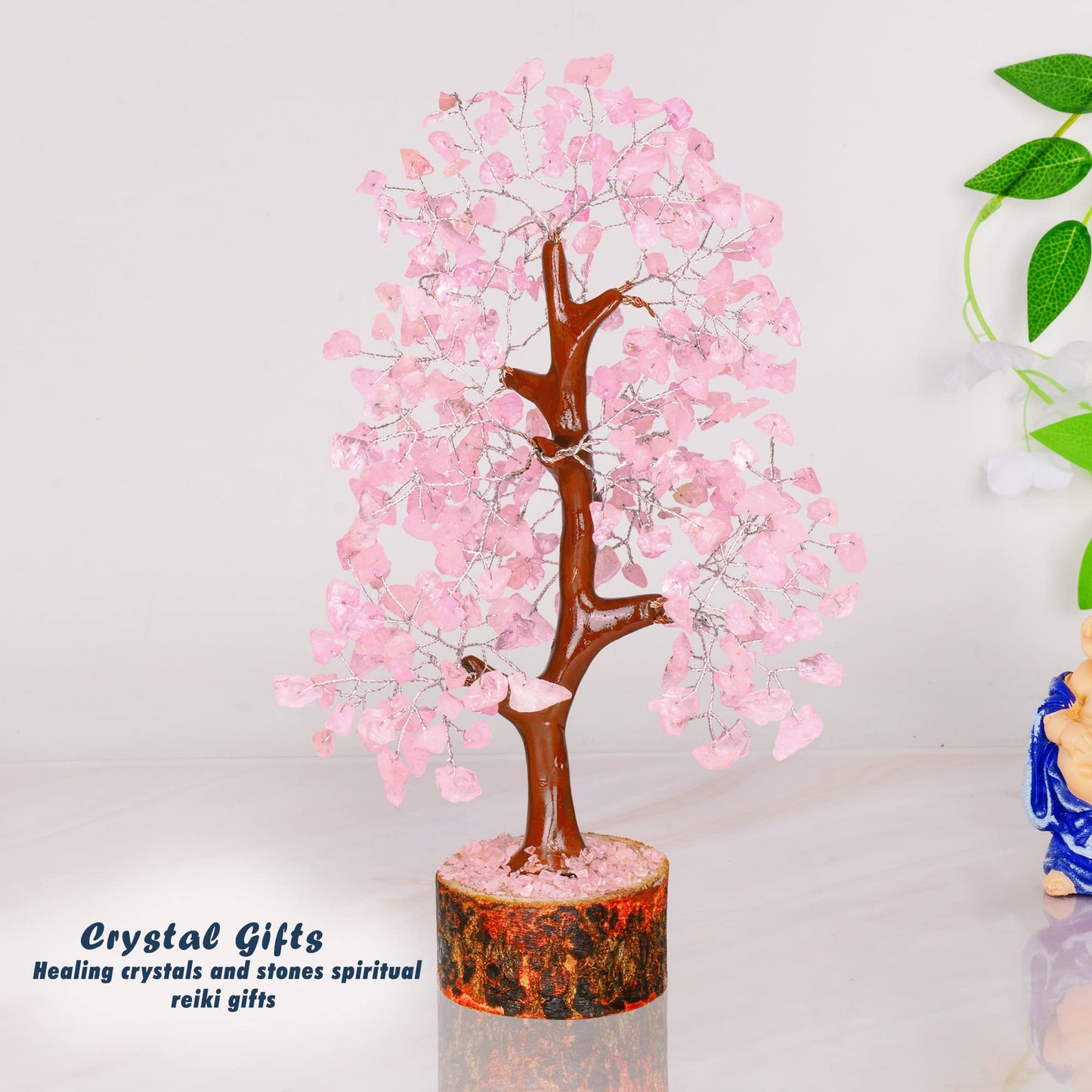 Tree of Life Gemstone Bonsai - Artificial Home and Office Decor, Spiritual Gift With Chakra Stones, Love Stone, Positive Energy - Crystal Rose Quartz