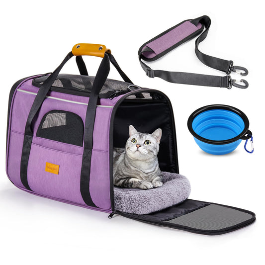 Morpilot Portable Pet Carrier Bag, Top Opening, Removable Mat and Breathable Mesh, Foldable Transport Carrier for Dogs and Cats, with Shoulder Strap and Pet Bowl