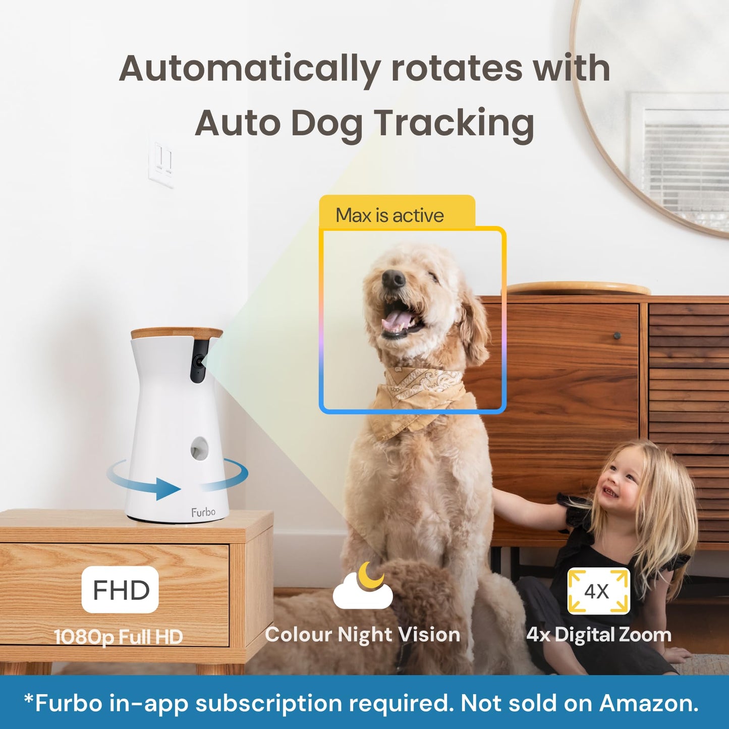 Furbo 360° Dog Camera w/Home Safety Package [PREMIUM W/SUBSCRPITION] Smart Pet Monitor w/App for Dog & Home, Rotating 360° View, Colour Night Vision, Auto-Tracking, Treat-toss, Barking, Smart Alert