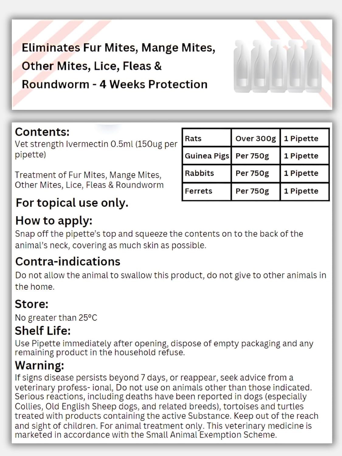 Little Furries - 5 PIPETTES - Anti-Parasite Spot-On - Treat Rabbits, Guinea Pigs, Ferrets, & Rats Over 300 g - Kills Lice, Mice, Fleas, & Roundworms