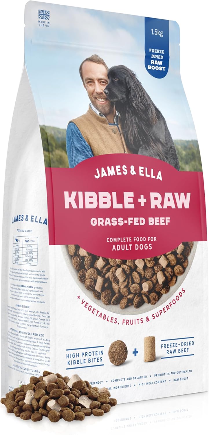 James & Ella Kibble + Raw Dog Food - Grass Fed Beef (1.5kg) ❘ Nutritious High Protein Kibble Combined with Freeze-Dried Raw Meat Nuggets, Contains Essential Oils & Minerals, Grain & Gluten Free