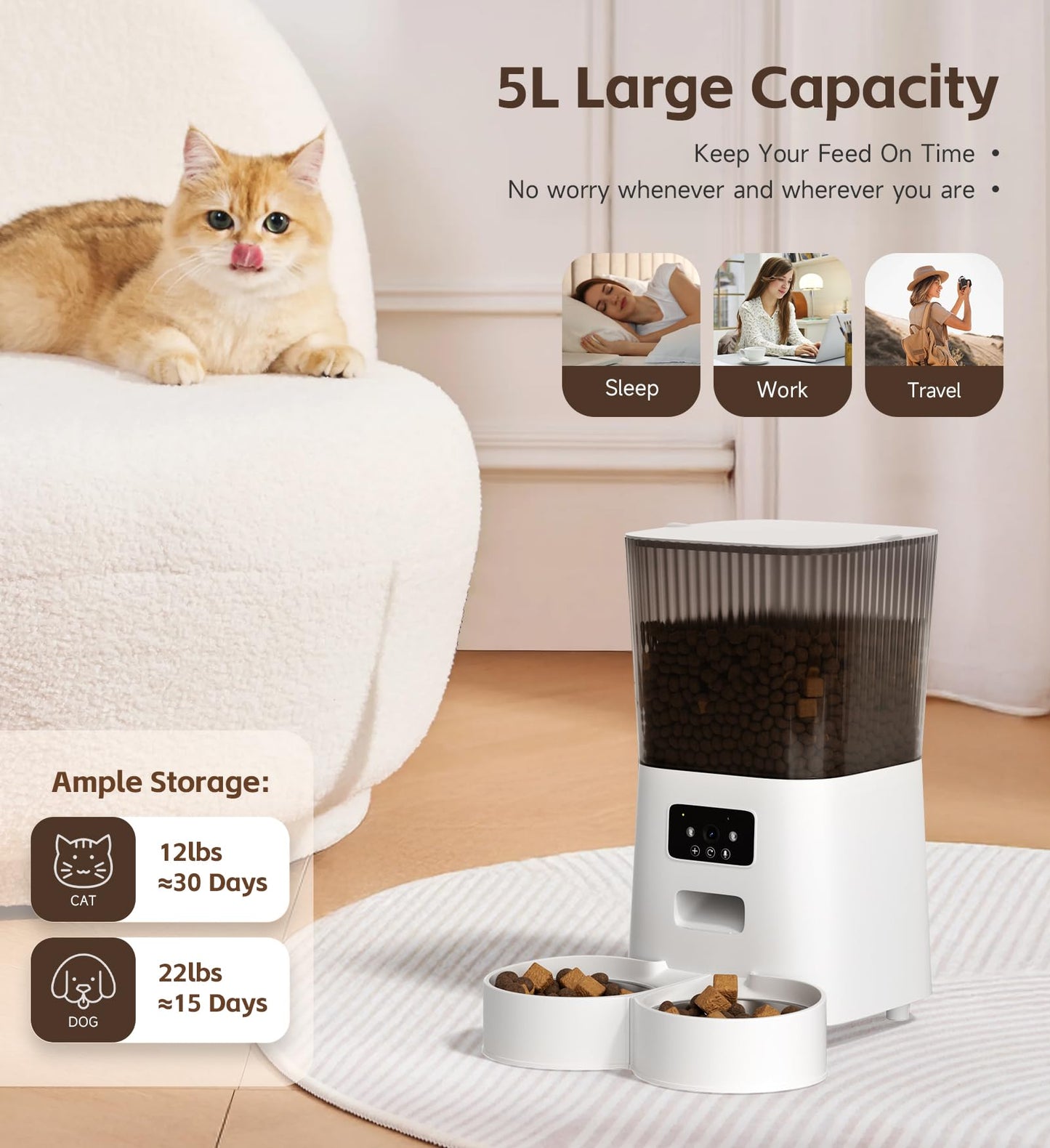 5L Cat Feeder Automatic with Timer, Automatic Cat Feeder, 1-9 Meals Per Day, Cats Food Dispenser with 2 Bowl, Auto Pet Feeder for 2 kittens and Small Dogs, Dual Power Supply     FREE DELIVERY