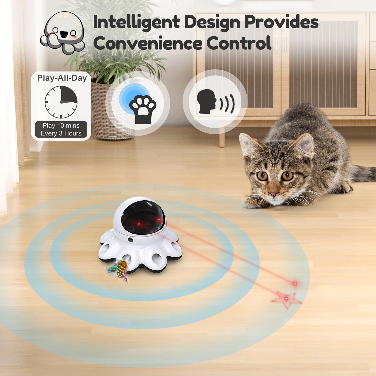 GoldenSun Cat Toy, 2-in-1 Interactive Cat Toys for Indoor Cats, Automatic Cat Toy, 8 Holes Mice Whack A Mole Moving Feather, USB Rechargeable Electronic Kitten Toys for All Breeds Black