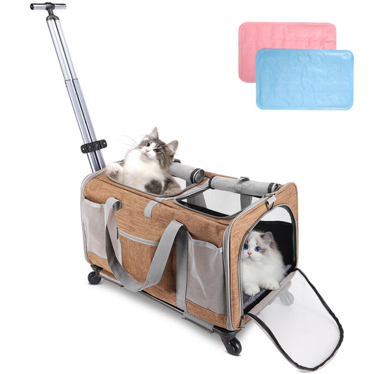 Double-Compartment Rolling Cat Carrier with Wheels for 2 Cats, Foldable Pet Carrier with Wheels for 2 Small Cats and Dogs, Fully Breathable, Perfect for Traveling/Hiking/Camping/Veterinary Visits