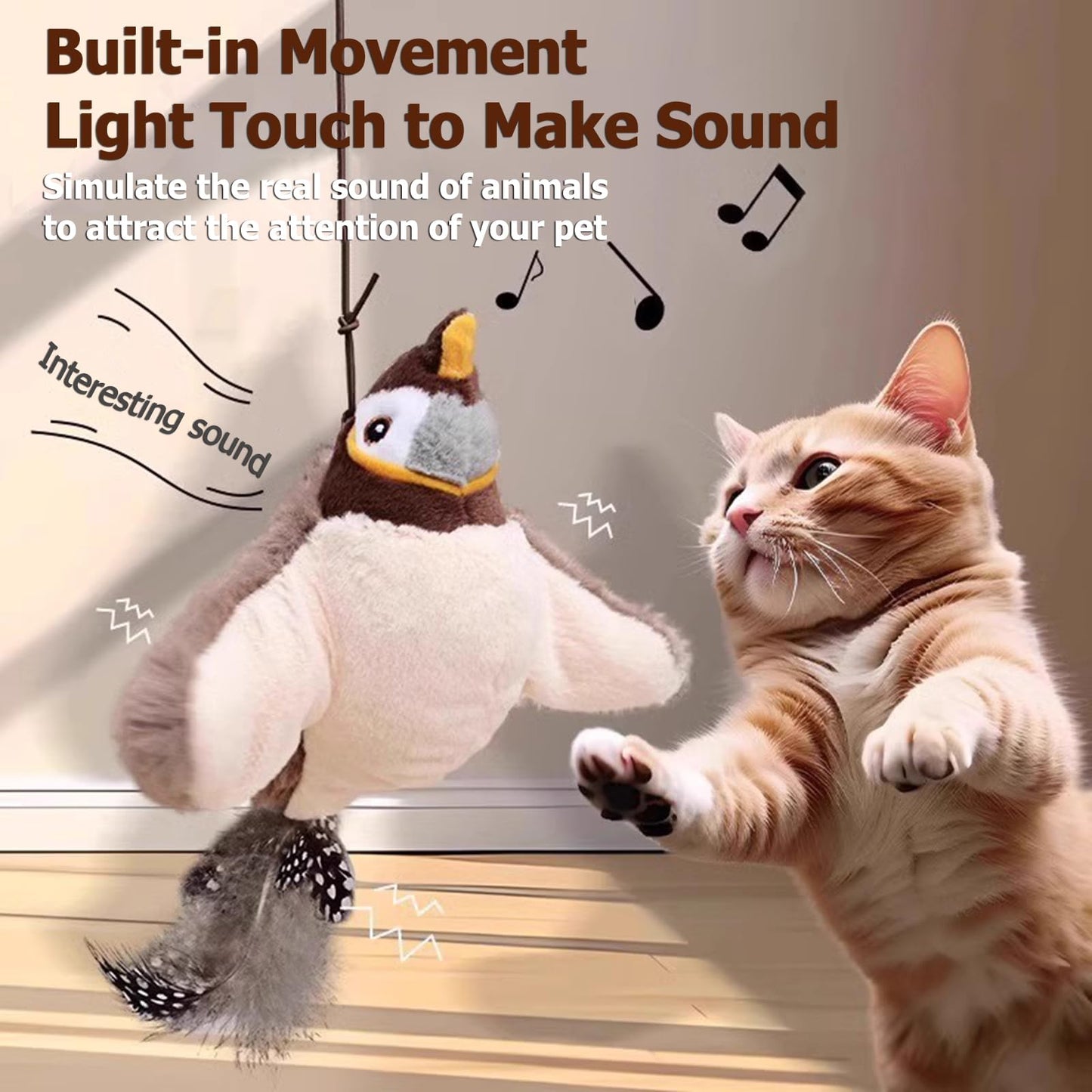 Cat Toys, Interactive Chirping Bird Cat Toy Flapping Wings, Simulated Electric Flying Bird Cat Toy, Touch Activated, Rechargeable Flying Bird Cat Toy for Indoor Cats (Sparrow)