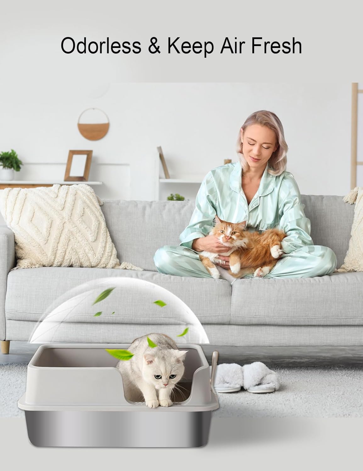 FURRYPAWS XL Stainless Steel Cat Litter Tray, Easy to Clean and Leak-Proof Stainless Steel Litter Box, 20L Large Cat Litter Trays with Litter Scoop (61x41x30cm)