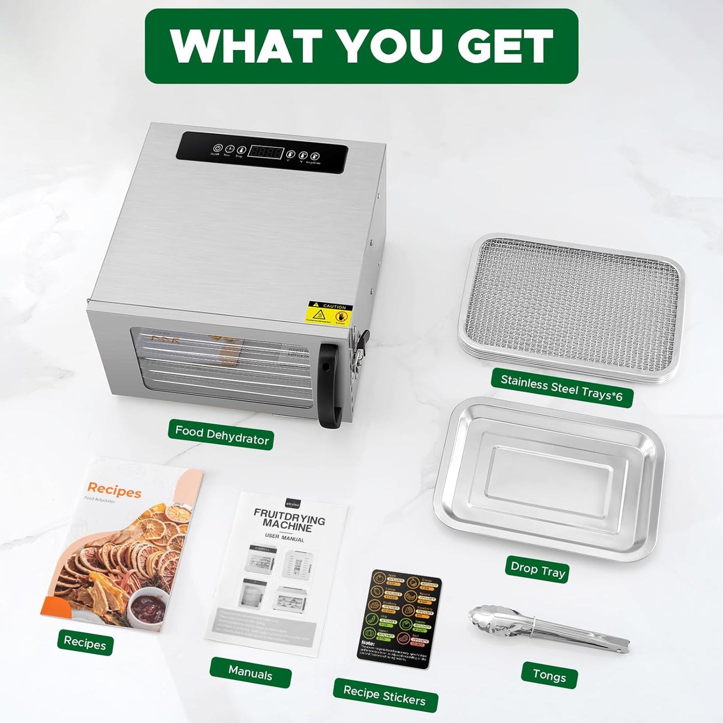 Kwasyo Stainless Steel Food Dehydrator, 6 Tray Fruit Dryer Machine with Free Recipe Book, BPA-Free, 30~90℃ Temperature Setting, Max 24h, Dehydrator Food Dryer UK for Vegetables, Meats, Chili-400W