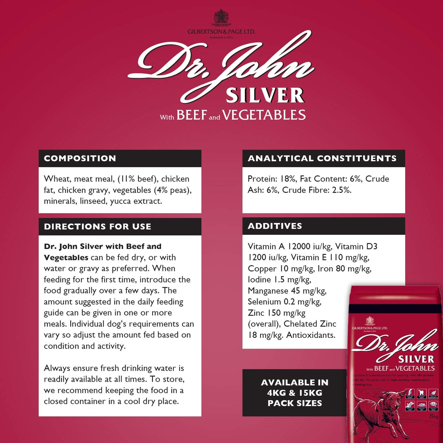 Dr John Silver Dry Dog Food 15kg - Beef with Vegetables - Complete Dog Biscuits 15kg - Senior and Adult Dog Food for Light Activity, Maintenance and Resting Dogs