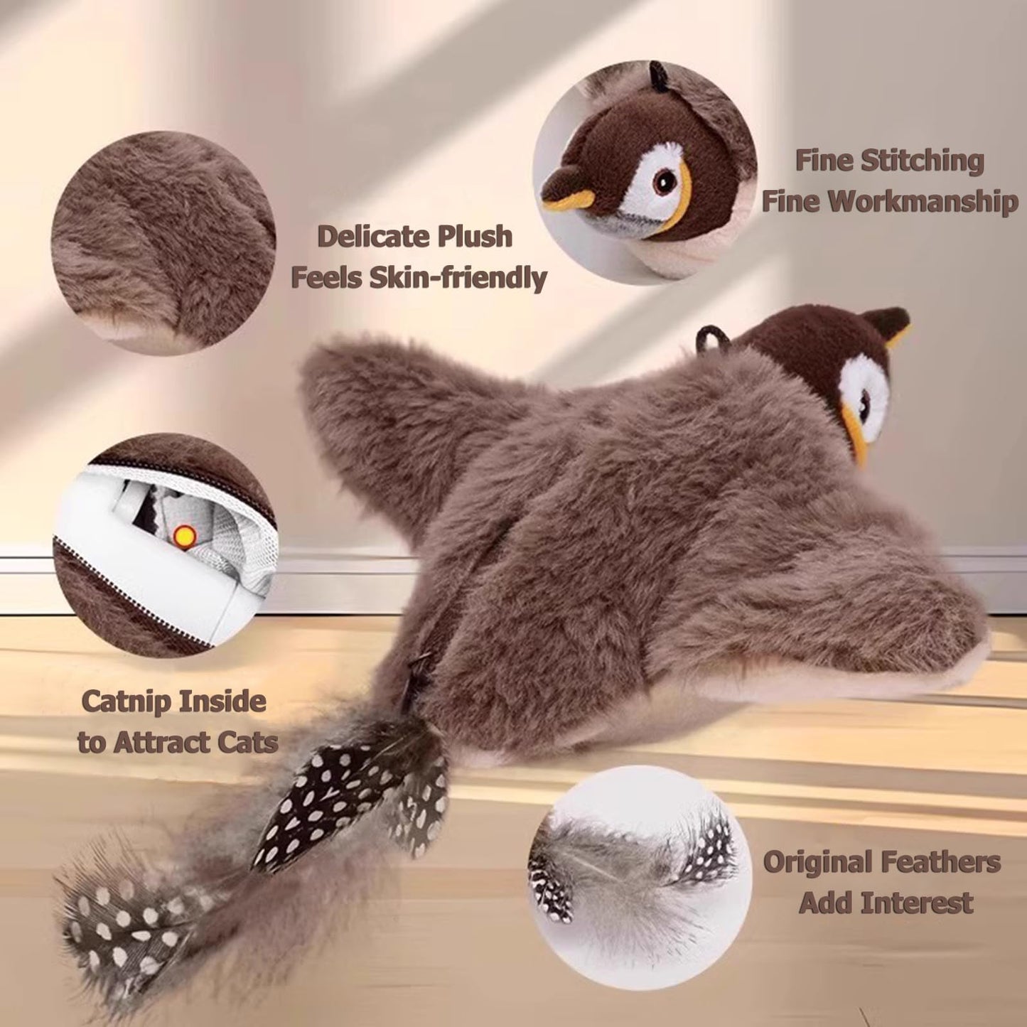 Cat Toys, Interactive Chirping Bird Cat Toy Flapping Wings, Simulated Electric Flying Bird Cat Toy, Touch Activated, Rechargeable Flying Bird Cat Toy for Indoor Cats (Sparrow)