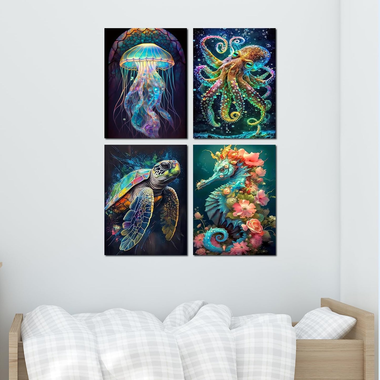 Muzagroo Art 5D Diamond Painting Kits for Adults, DIY Diamond Art Kits for Beginners, Turtle Diamond Dot Kits Gem Arts and Crafts for Living Room, Gem Painting Bedroom 4 PCS Wall Art