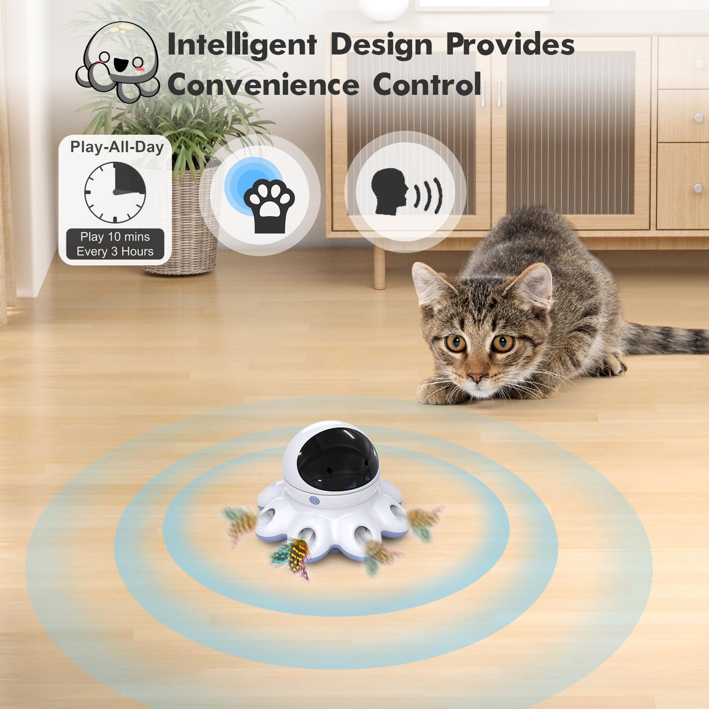 GoldenSun Cat Toy, 2-in-1 Interactive Cat Toys for Indoor Cats, Automatic Cat Toy, 8 Holes Mice Whack A Mole Moving Feather, USB Rechargeable Electronic Kitten Toys for All Breeds Black