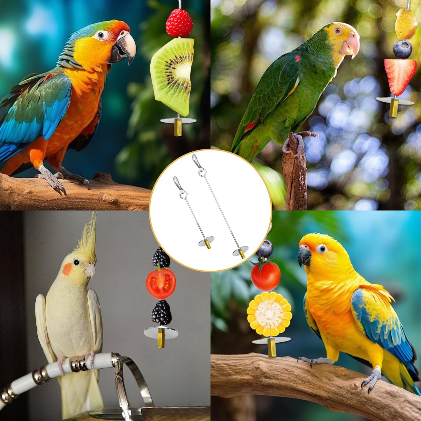 UTXN Parrot Fruit Skewers & Bird Parrot Apple Feeder - 2 PCS Stainless Steel Bird Fruit Skewers, Parrot Treats Food Holder Toy for Budgie, Cockatiel, Parakeet (Silver)