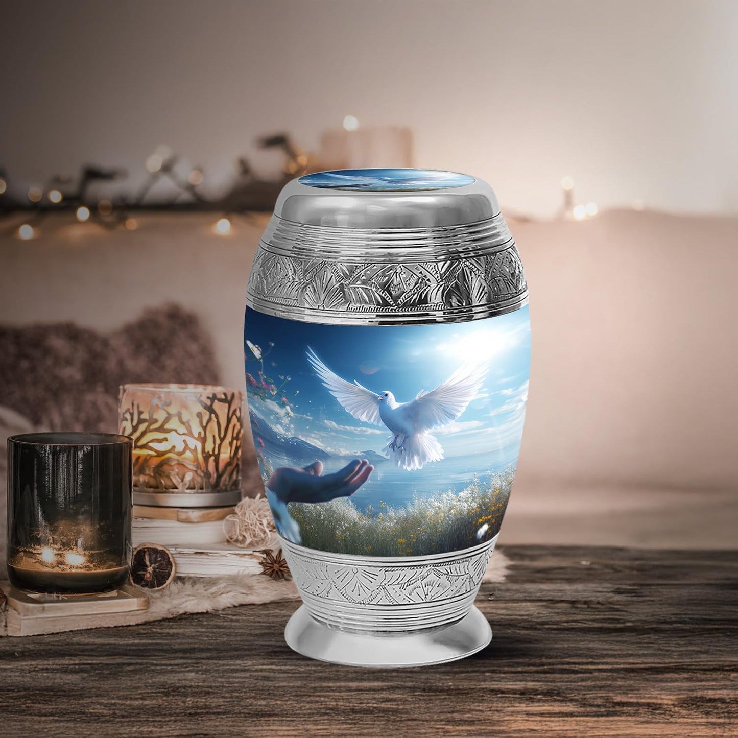 YASUBJAG Dove Urn - Aluminium Cremation Urn for Adults, Multicolor, Birds Pattern, 10 Inch