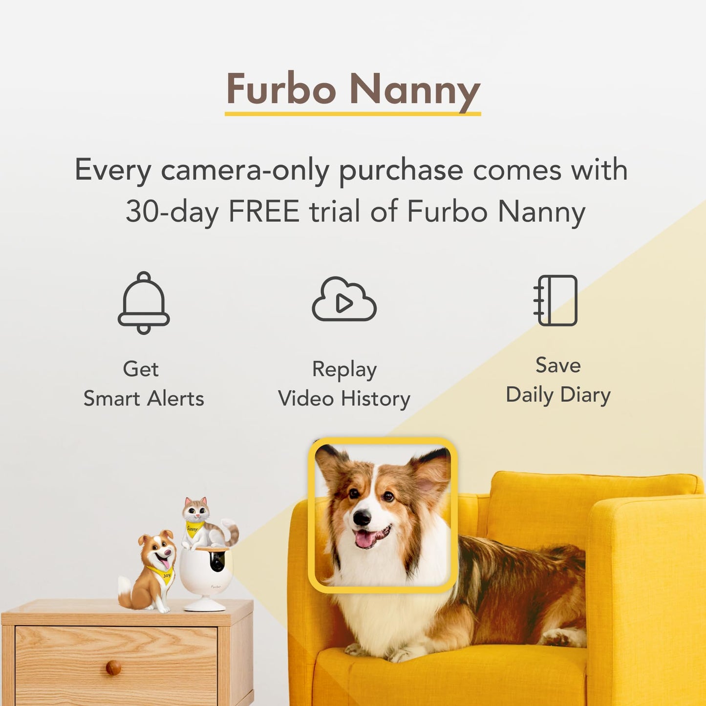 Furbo 360° Dog Camera w/Home Safety Package [PREMIUM W/SUBSCRPITION] Smart Pet Monitor w/App for Dog & Home, Rotating 360° View, Colour Night Vision, Auto-Tracking, Treat-toss, Barking, Smart Alert