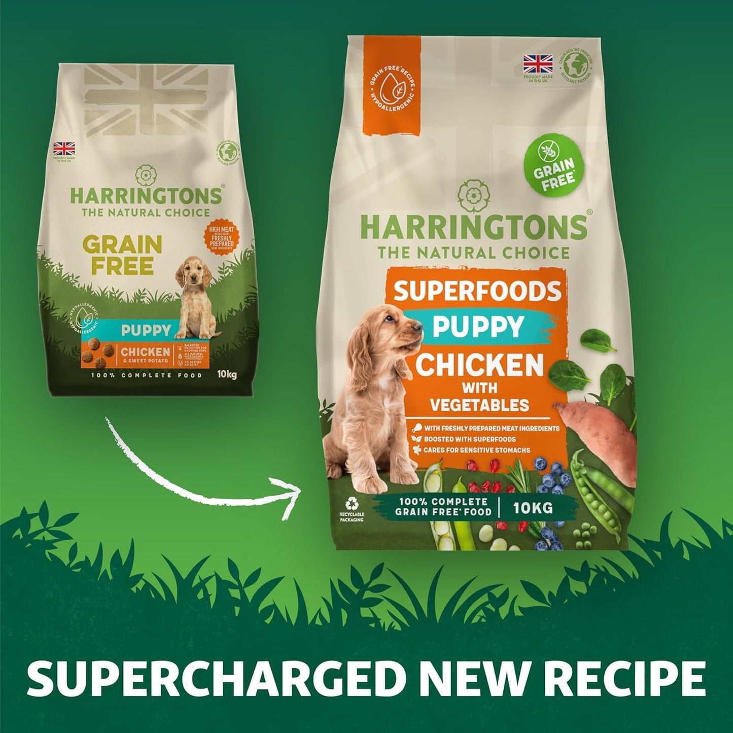 Harringtons Superfoods Puppy Complete Grain Free Hypoallergenic Chicken with Veg Dry Dog Food 10kg - Made with All Natural Ingredients, Packaging may vary