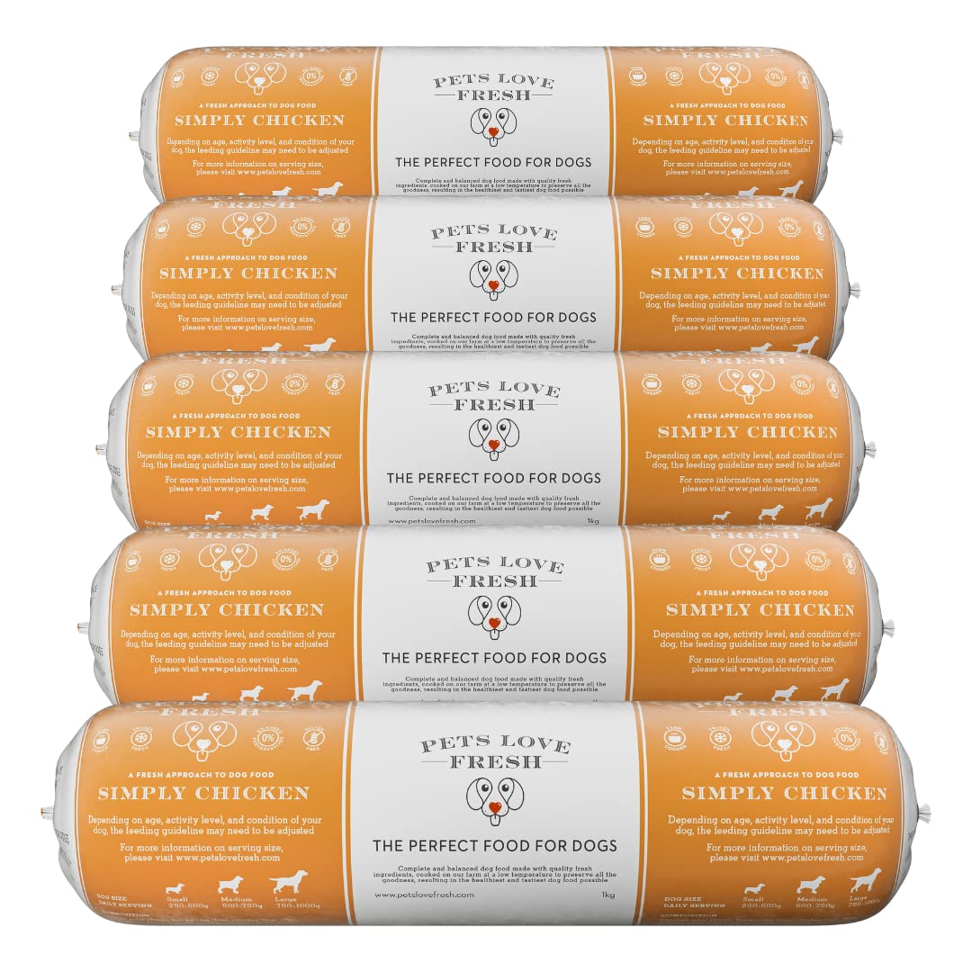 Healthy & Tasty Fresh Dog Food by Pets Love Fresh - 100% Natural - Real British Meat - Zero Preservatives - SimHealthy & Tasty Fresh Dog Food by Pets Love Fresh - 100% Natural - Real British Meat - Zero Preservatives - Simply Chicken (5 x 600g chub rolls)