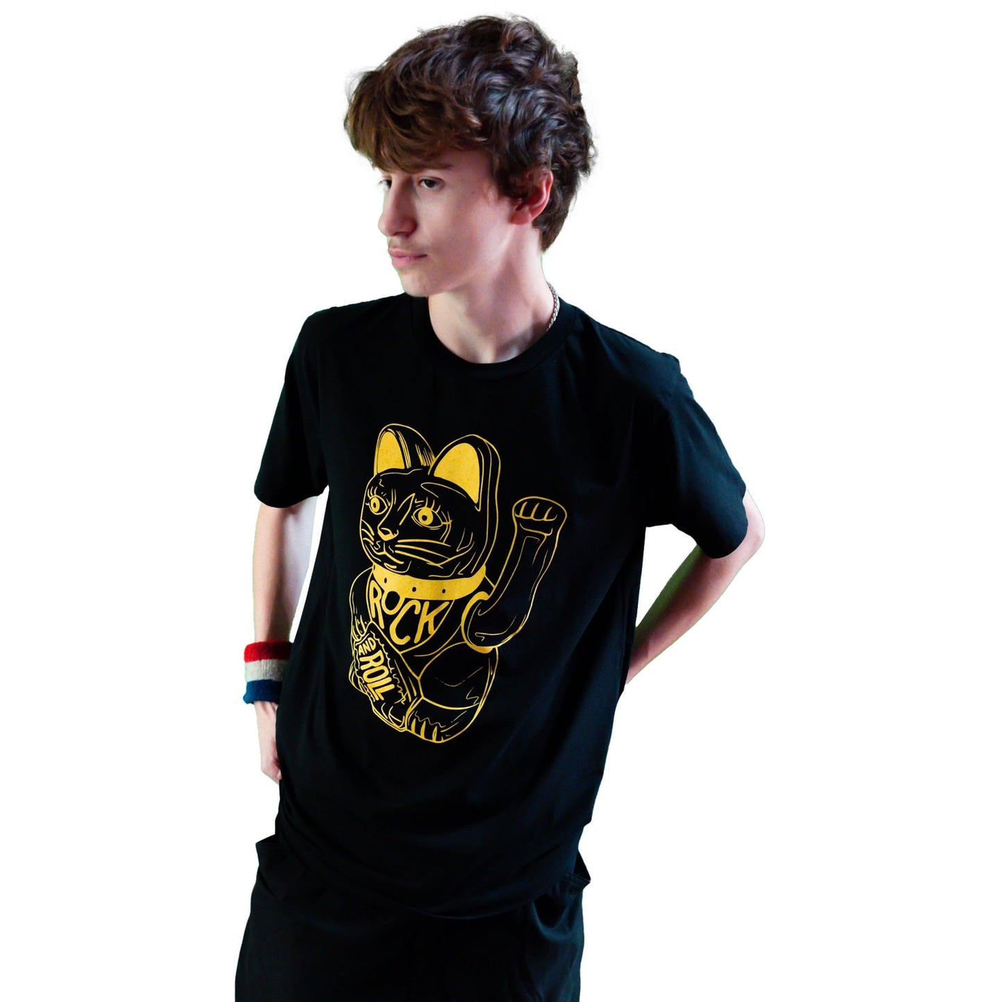 DB DEADBEAT Lucky Cat Rock and Roll Motif Screen Printed Eco-Friendly Unisex Black T-Shirt for Men, Women and Teens