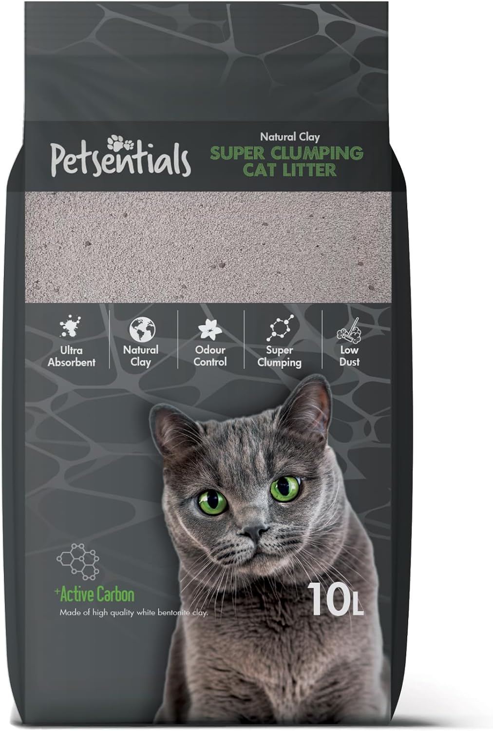 Petsentials Super Clumping Cat Litter with Activated Carbon – 10L | Ultra Absorbent Bentonite Clay, Odour Control, Fast Clumping, Low Dust | Premium Cat Litter for Hygienic Litter Box