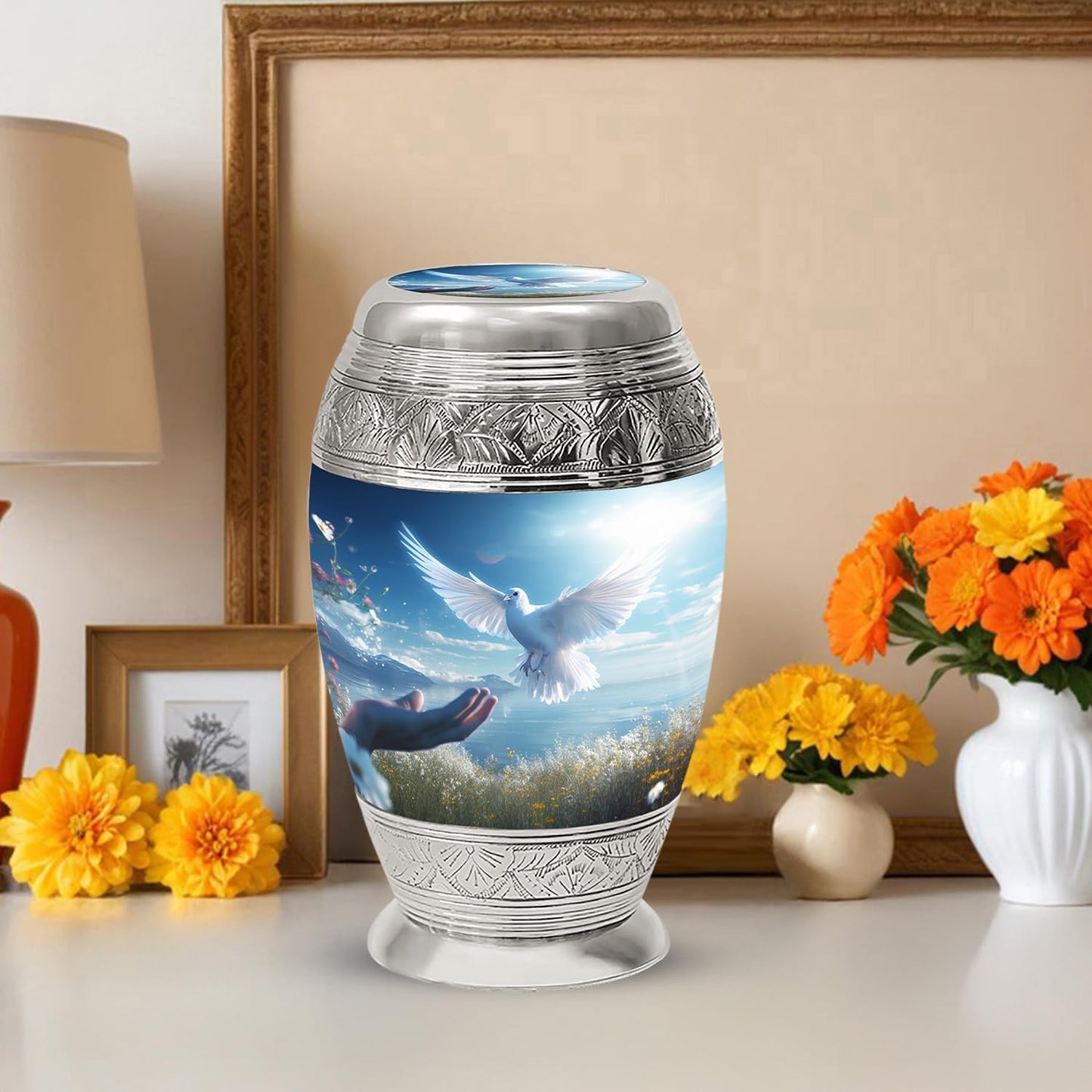YASUBJAG Dove Urn - Aluminium Cremation Urn for Adults, Multicolor, Birds Pattern, 10 Inch