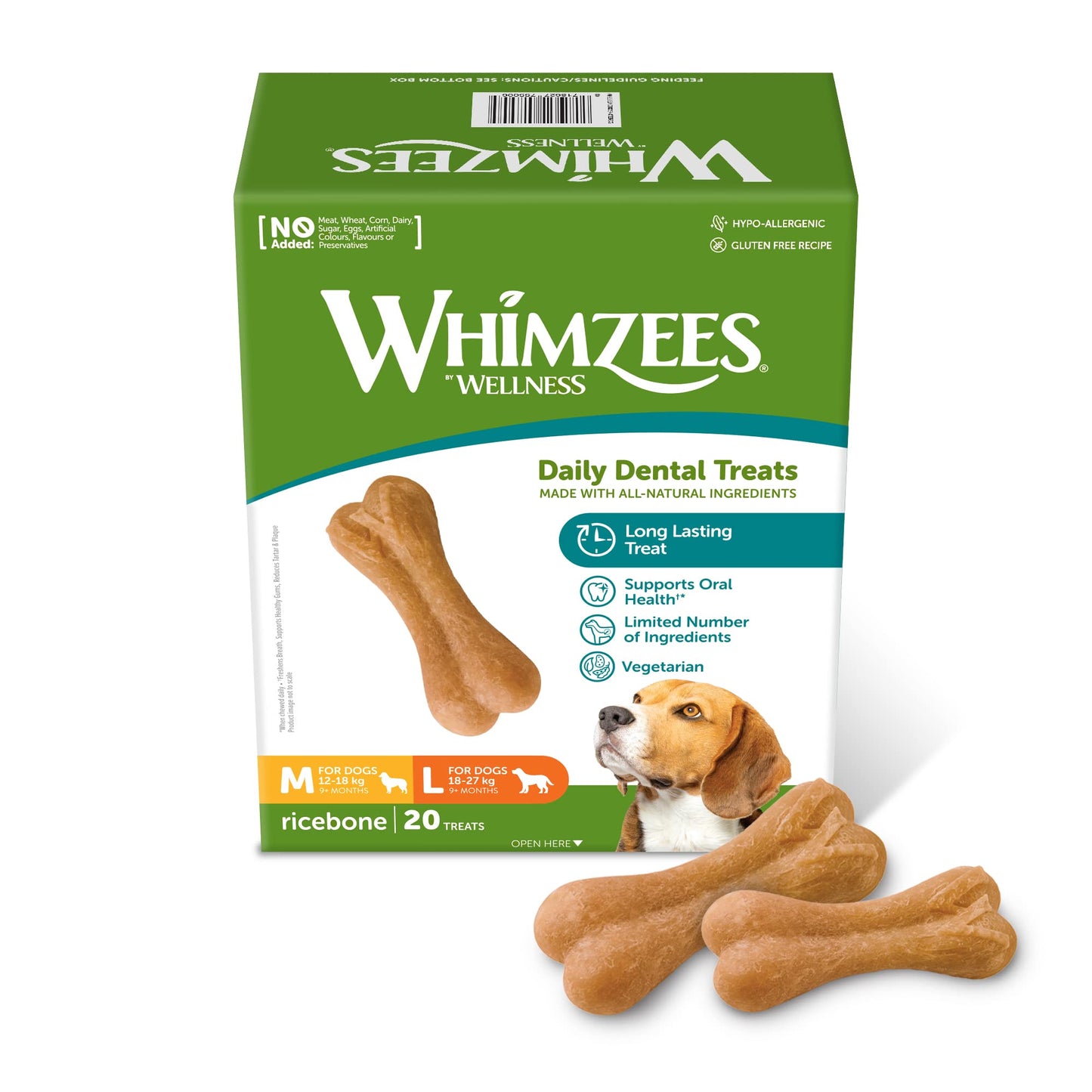 WHIMZEES By Wellness Rice Bone, Dog Dental Sticks, 9 Pieces, Size M/L, Dog Chews for Medium to Large Breeds, Natural, Gluten-Free, Rawhide-Free, Vegetarian
