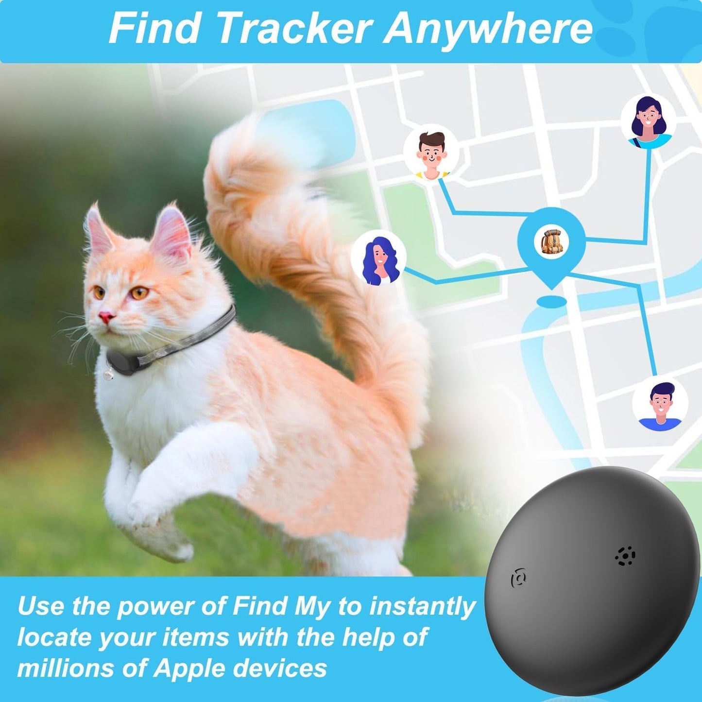 Cat Tracker - Real Time GPS Tracker for Cats - No Monthly Fee - Works with Apple Find My (Only iOS) - Elastic Cat Collar - GPS Tracking Device Cats Collar(1 Pack)
