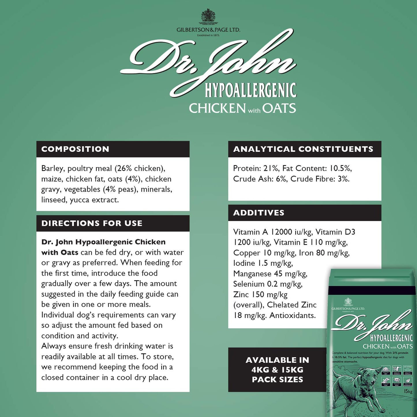Dr John Hypoallergenic Dry Dog Food Chicken with Oats, 15 kg