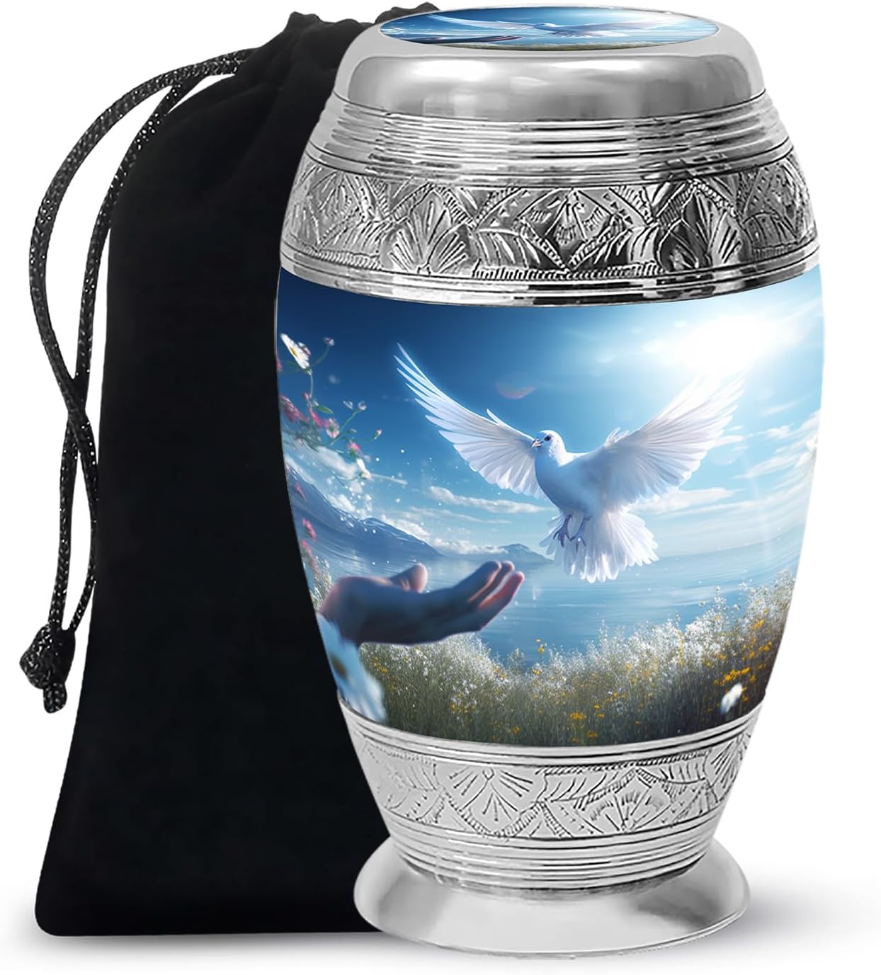 YASUBJAG Dove Urn - Aluminium Cremation Urn for Adults, Multicolor, Birds Pattern, 10 Inch
