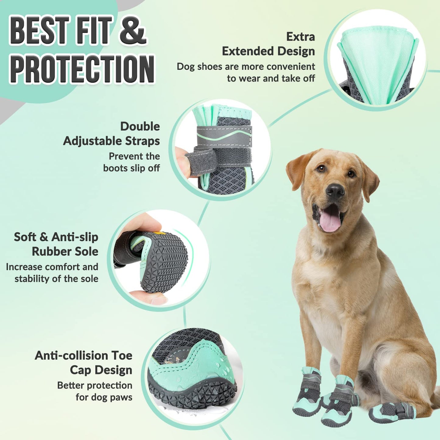 Eyein Dog Boots Paw Protector, Breathable Dog Boots for Injured Paws Waterproof, Dual Adjustable Washable Non-Slip Dog Shoes for Walking, Reflective Dog Shoes for Small Medium Large Dogs(2pcs)