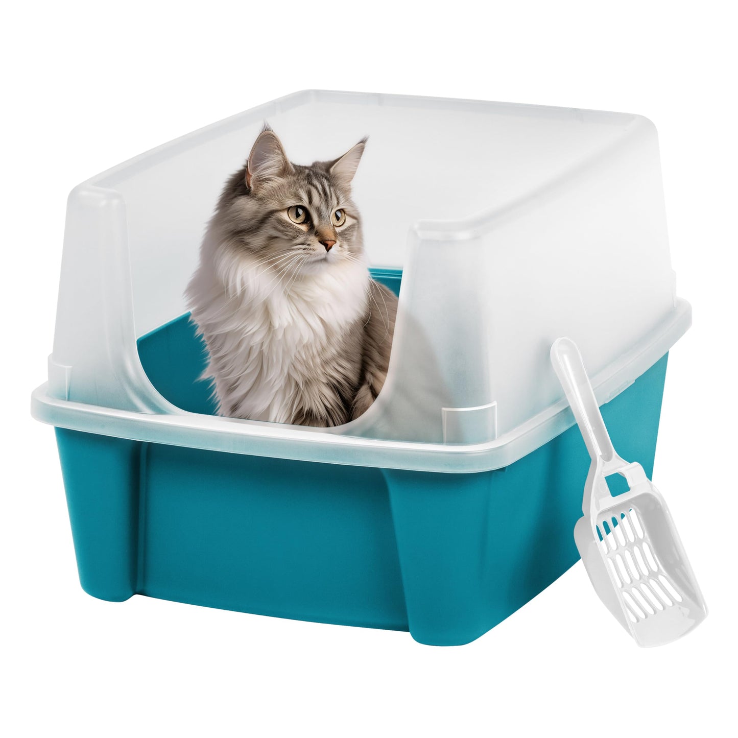 Iris Ohyama Cat Litter Tray with Scoop, Grey, Easy to Clean, Cat Litter Box, Detachable Spill Preventing Walls, For Kittens, Adult Cats, Rabbits, BPA Free, Open Top, Modern, CLH-12