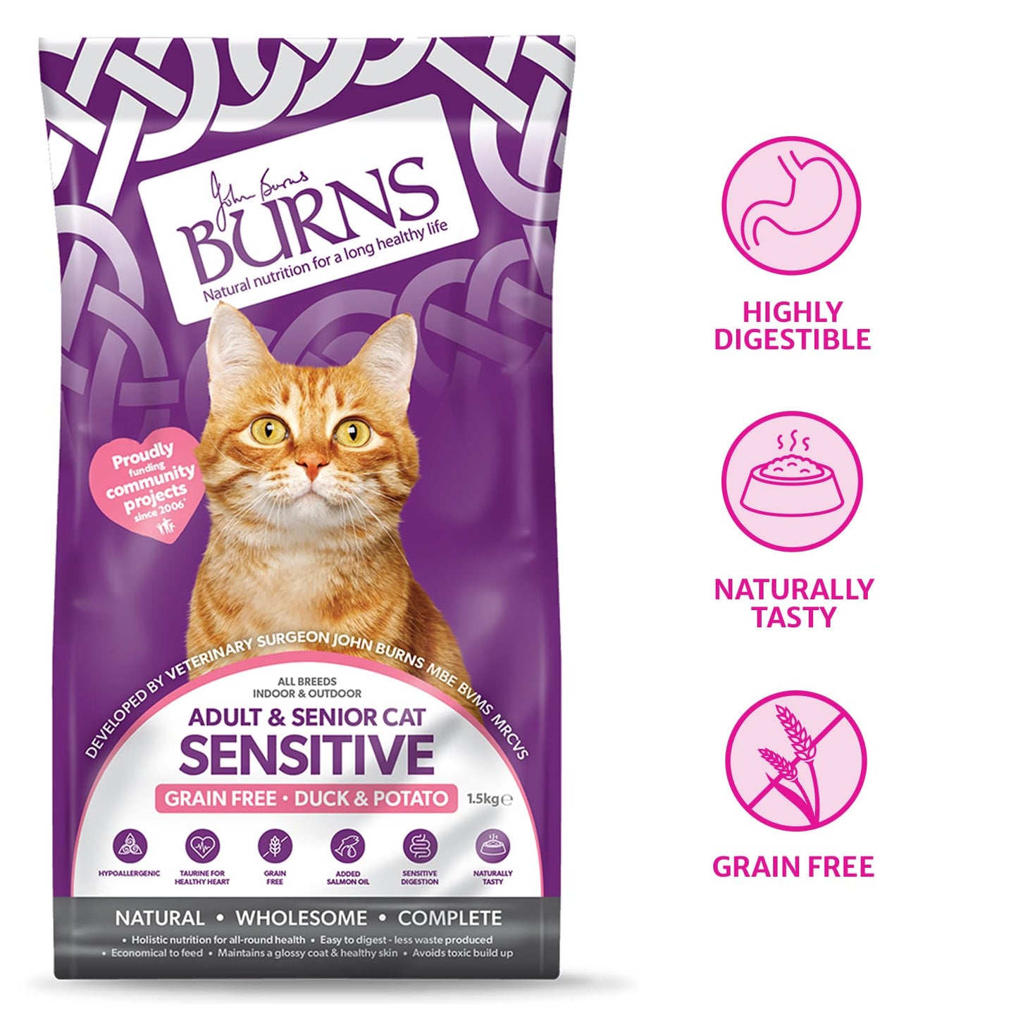 Burns Pet Nutrition Cat Food Sensitive Duck and Potato Grain Free 1.5 kg