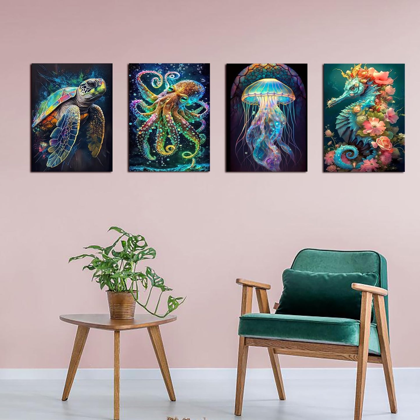 Muzagroo Art 5D Diamond Painting Kits for Adults, DIY Diamond Art Kits for Beginners, Turtle Diamond Dot Kits Gem Arts and Crafts for Living Room, Gem Painting Bedroom 4 PCS Wall Art
