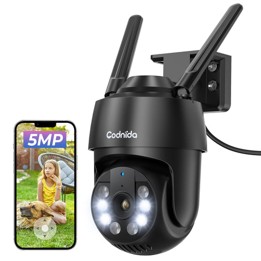 Codnida 2K Security Camera Outdoor, 360° PTZ WiFi Camera, CCTV Camera with 24/7 Recording, PIR Human Detection, Sound and Light Alarm, Support 16-128G SD Card, Works with Alexa