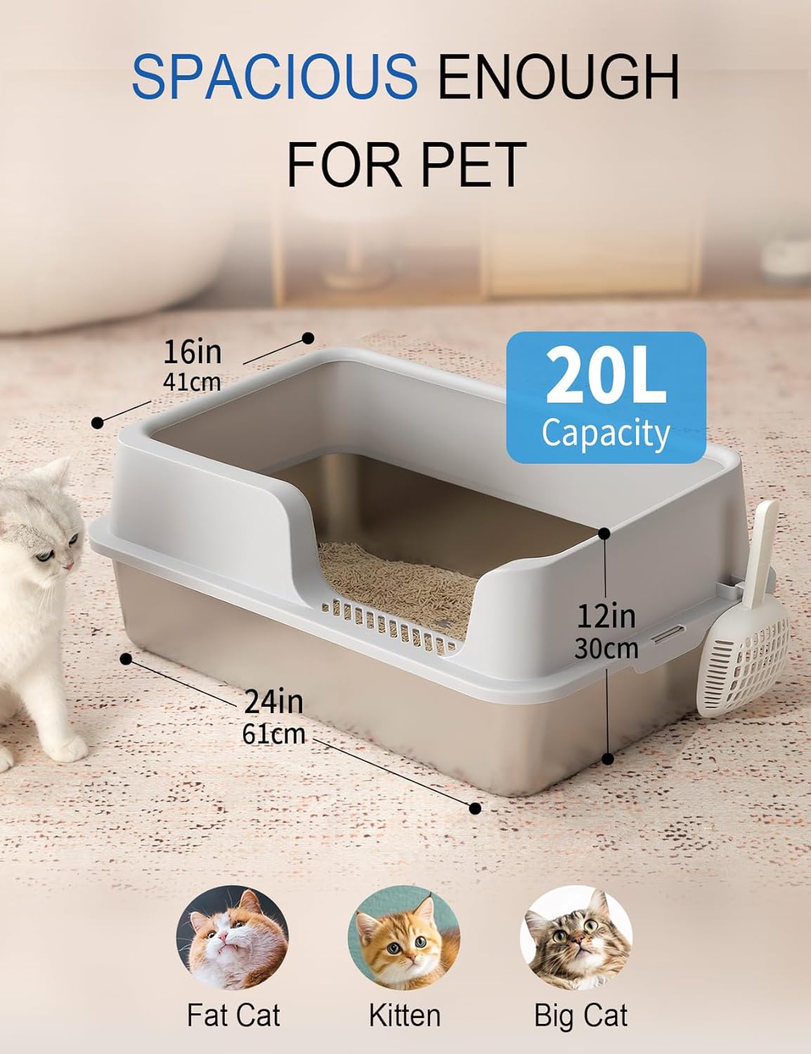 FURRYPAWS XL Stainless Steel Cat Litter Tray, Easy to Clean and Leak-Proof Stainless Steel Litter Box, 20L Large Cat Litter Trays with Litter Scoop (61x41x30cm)