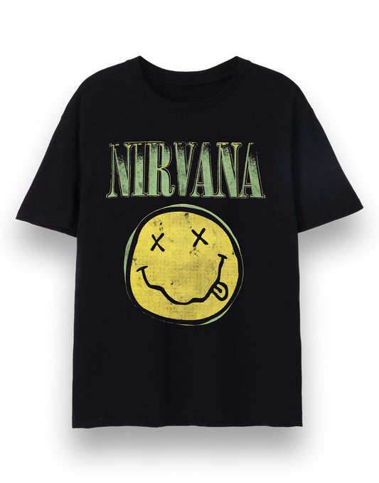 Nirvana Mens T-Shirt | Adults Short Sleeve Graphic Tee in Black Options| Classic Grunge Distressed Band Logo Print Apparel Top | Vintage Rock Band Merchandise Gift