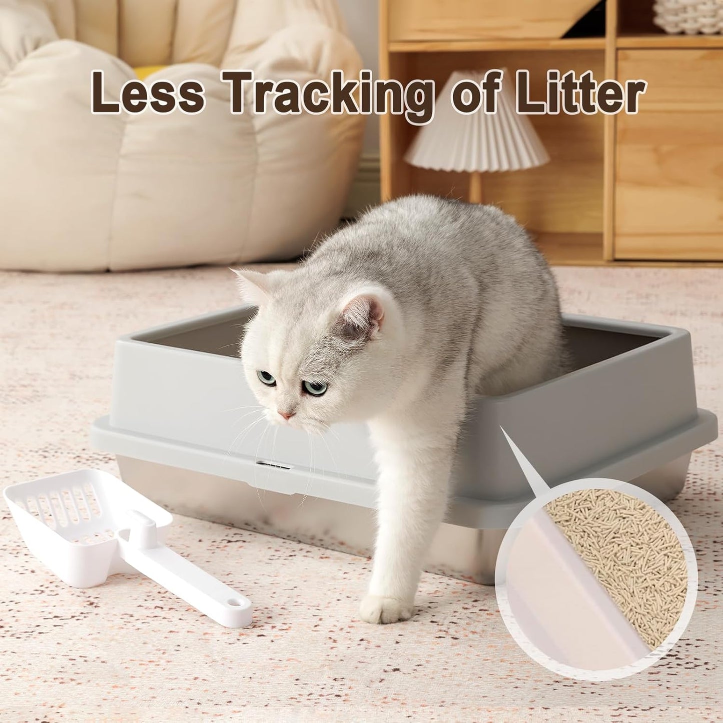 FURRYPAWS XL Stainless Steel Cat Litter Tray, Easy to Clean and Leak-Proof Stainless Steel Litter Box, 20L Large Cat Litter Trays with Litter Scoop (61x41x30cm)