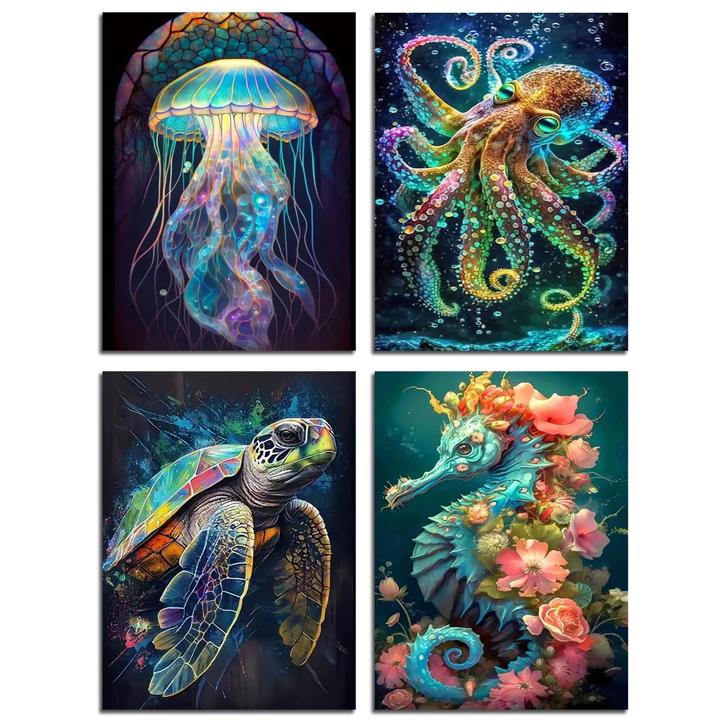 Muzagroo Art 5D Diamond Painting Kits for Adults, DIY Diamond Art Kits for Beginners, Turtle Diamond Dot Kits Gem Arts and Crafts for Living Room, Gem Painting Bedroom 4 PCS Wall Art