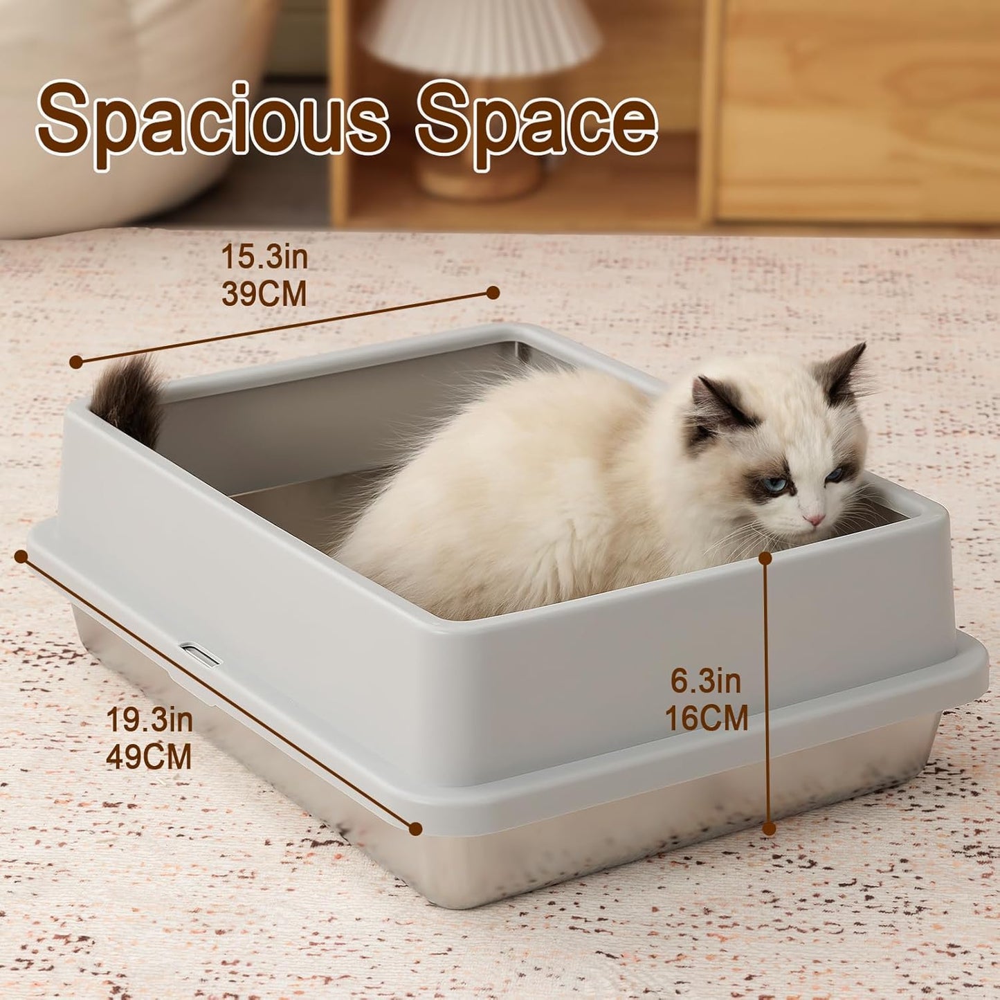 FURRYPAWS XL Stainless Steel Cat Litter Tray, Easy to Clean and Leak-Proof Stainless Steel Litter Box, 20L Large Cat Litter Trays with Litter Scoop (61x41x30cm)